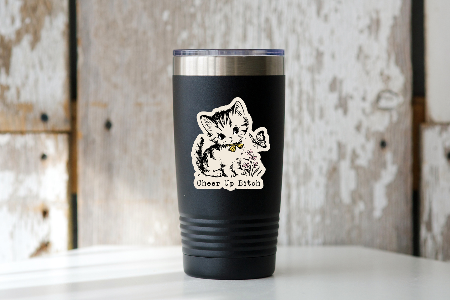 Cheer Up Bitch Sticker - cats, kitten, vintage, retro, cute