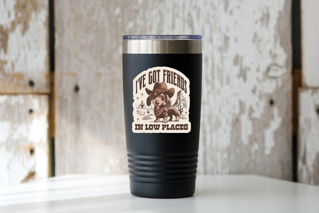 I've Got Friends In Low Places Sticker - cowboy, dachshund